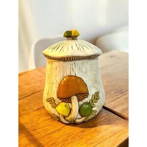 Vtg Arnels Mushroom Canister Cookie Jar Tan Brown Avocado Green Gold Lidded 9”